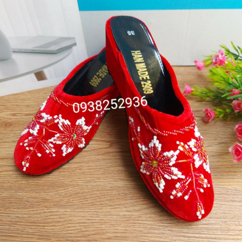 Hài nhung nử thêu kết cườm, đính kim sa cao cấp