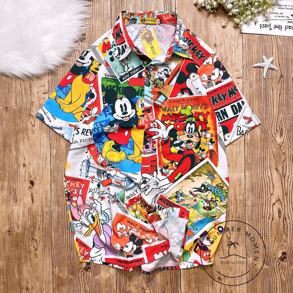 Áo sơ mi hoạt hình họa tiết chuột mikey  chất liệu kate lụa vải mềm mịn mát - La' house uniform