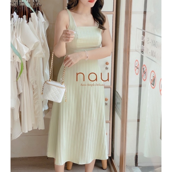 Đầm 2 dây xoắn vải gân dáng midi