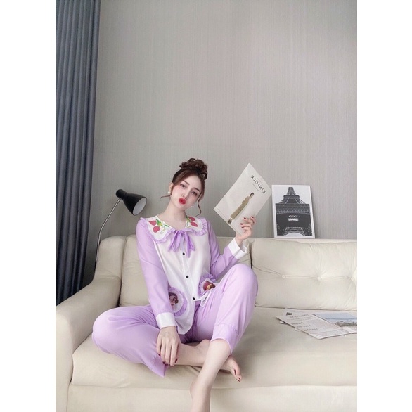 Set đồ bộ mặc nhà tiểu thư, cổ bèo thắt nơ, vải lụa hàn siêu mềm mịn, pijama tay dài quần dài