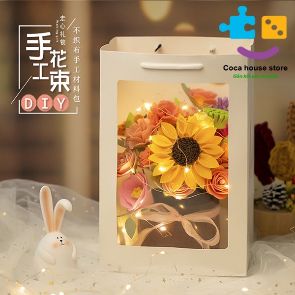 Gói nguyên liệu làm giỏ hoa thủ công không cần cắt trang trí xinh xắn, quà tặng ý nghĩa kèm túi và đèn