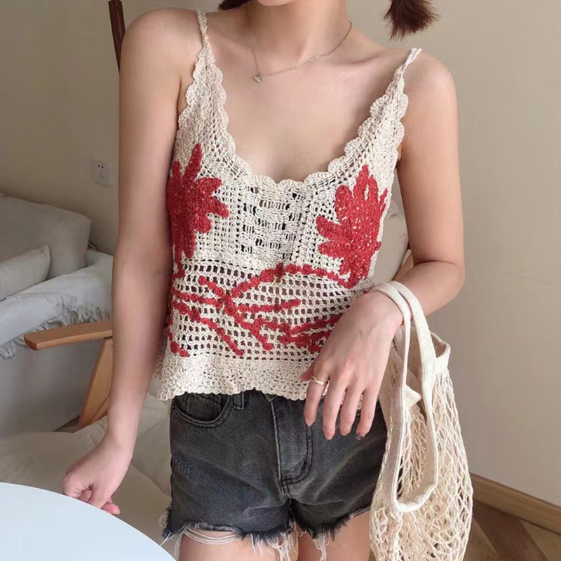 Áo Dệt Kim Hai Dây Dáng Rộng Cổ Chữ V Thêu Hoa Handmade Thời Trang Cho Nữ