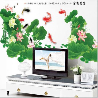 Decal dán tường Cá và hoa sen to nhất