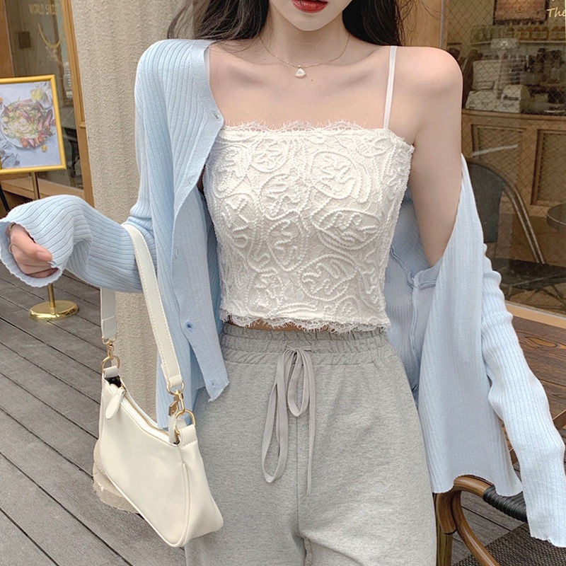 【France Lace White Strap】 Women's Vest ❀❀ Summer Inside ♧ Short Bottom Design On Clothes ☑☑ The Water Trieuins.