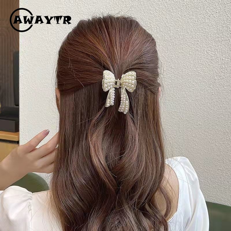 Kẹp Tóc Nơ Ruy Băng Ba Chiều Bằng Kim Loại Đính Ngọc Trai Thời Trang Hàn Quốc