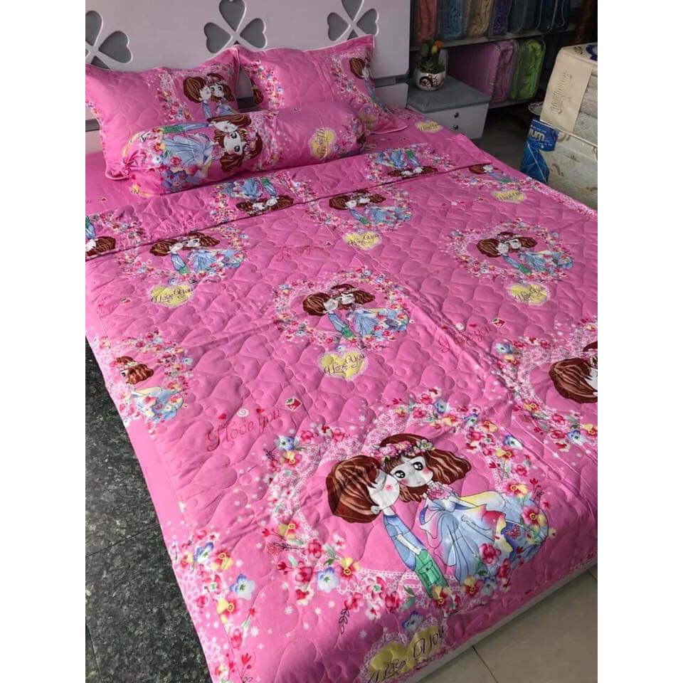 Bộ drap nệm 1 ga chun 2 vỏ gối nằm 45 x 65 cm mẫu cô dâu màu hồng