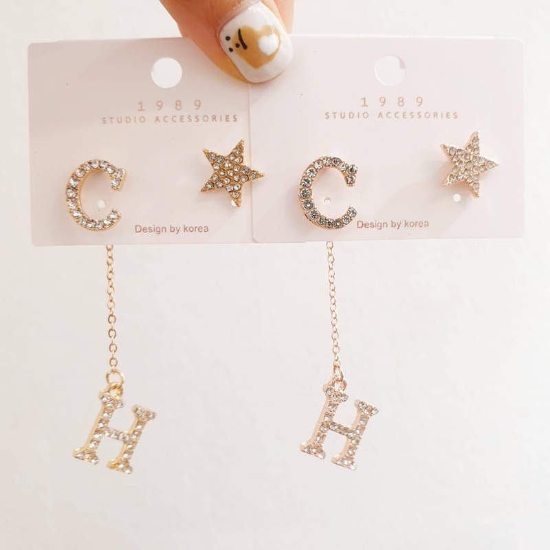 bông tai c h đối xứng sang chảnh, khuyên tai ngắn dài phong cách hàn quốc