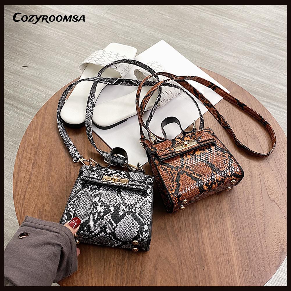 Retro Women Snake Pattern Mini Square Top-handle Handbag Flap Shoulder Bag