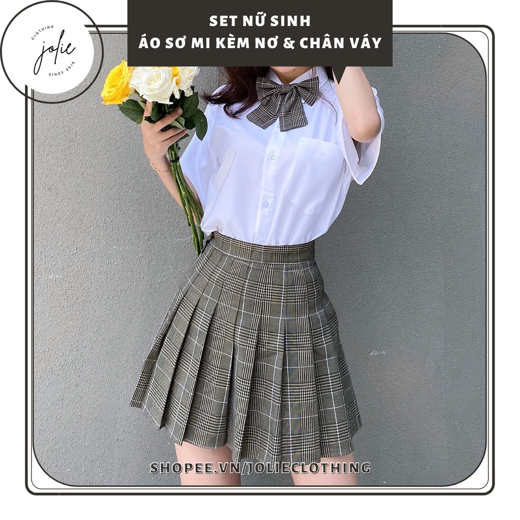 Set bộ đồng phục váy tennis kẻ xếp ly ghi nâu và áo sơ mi kèm nơ phong cách JK Nhật Bản