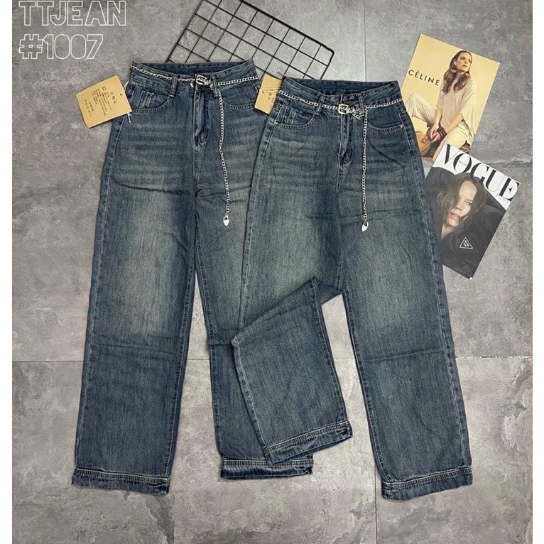 Bingshopvn Quần jeans nữ - quần bò suông ống rộng lưng cao kèm đai xích màu xanh vải đẹp