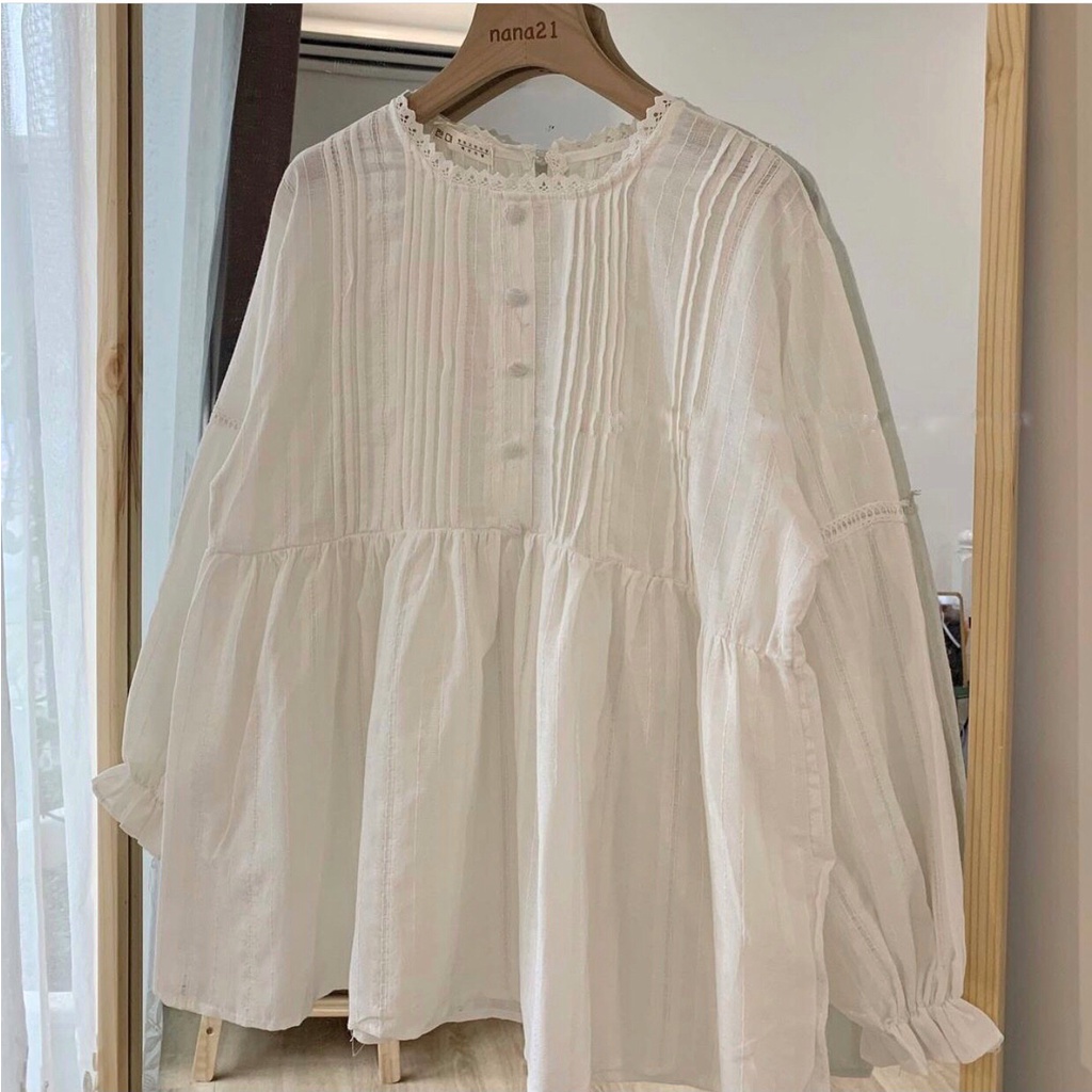 [Ảnh thật] Áo babydoll xếp li cúc bọc cổ tròn ulzzang