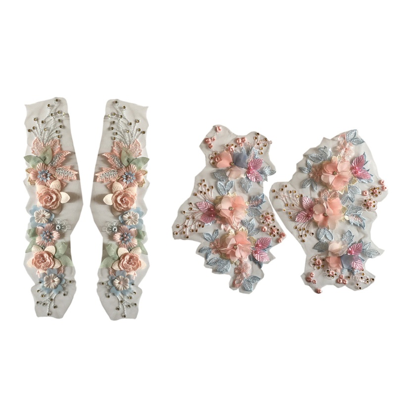 Set 2 miếng ren thêu hoa 3D 10MK đính ngọc trai trang trí quần áo