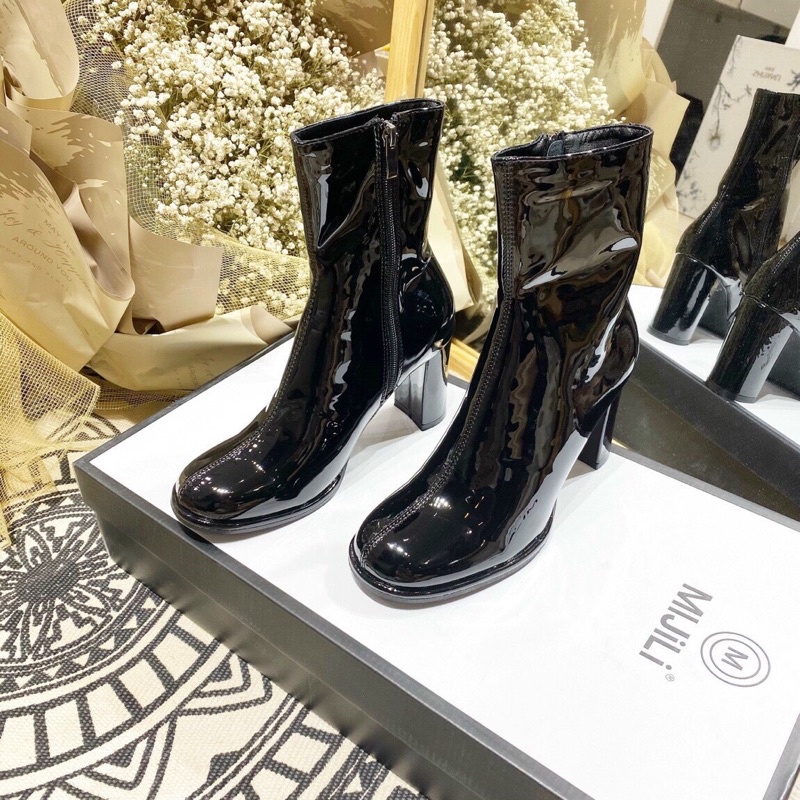 Bốt nữ Boots cao cổ mũi tròn da bóng gót trụ vuông cao 9p hàng cao cấp fullbox