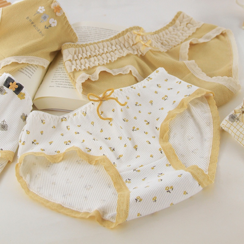 Quần lót nữ kháng khuẩn hoa vàng, quần sịp nữ chất cotton gân tăm mềm mại C-1315