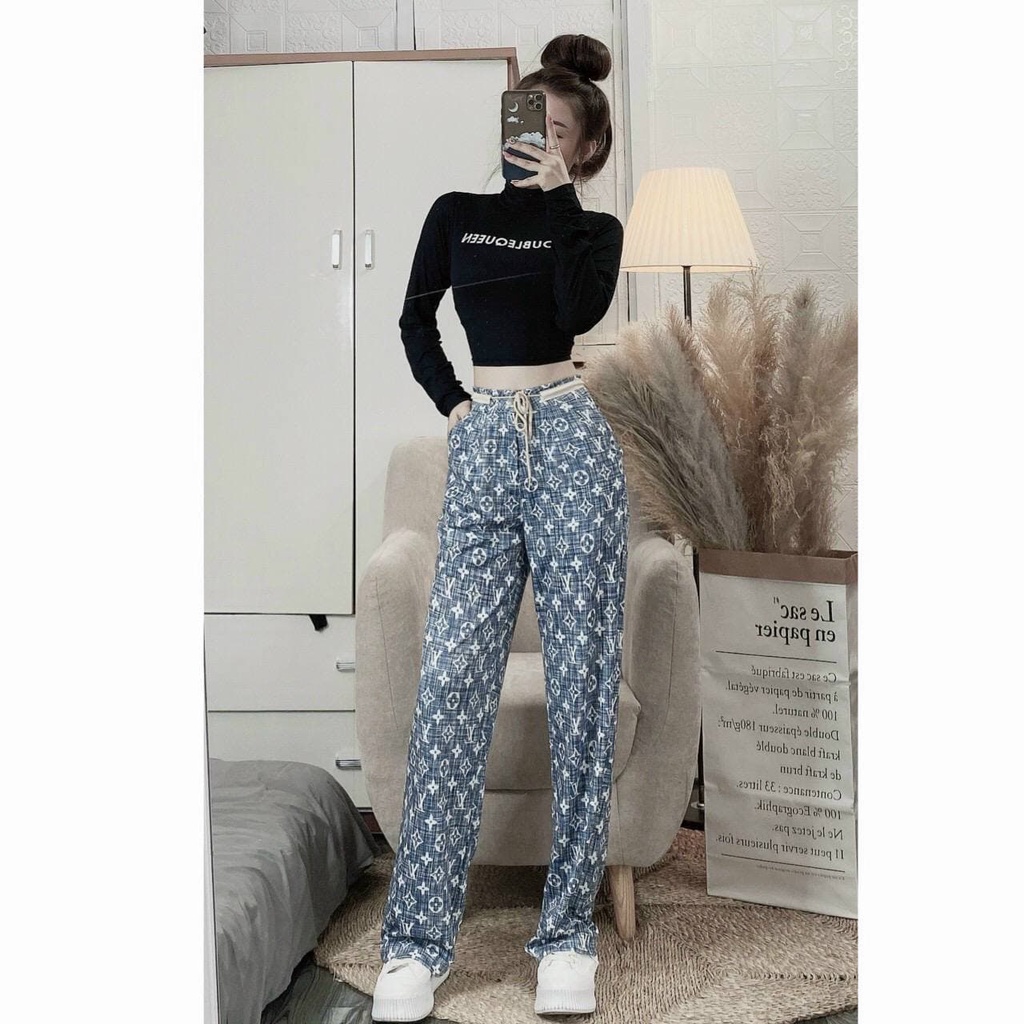 Set áo crt dài tay chất len tăm mix quần dài ống rộng họa tiết LV chất umi hàn siêu đẹp siêu tôn dáng