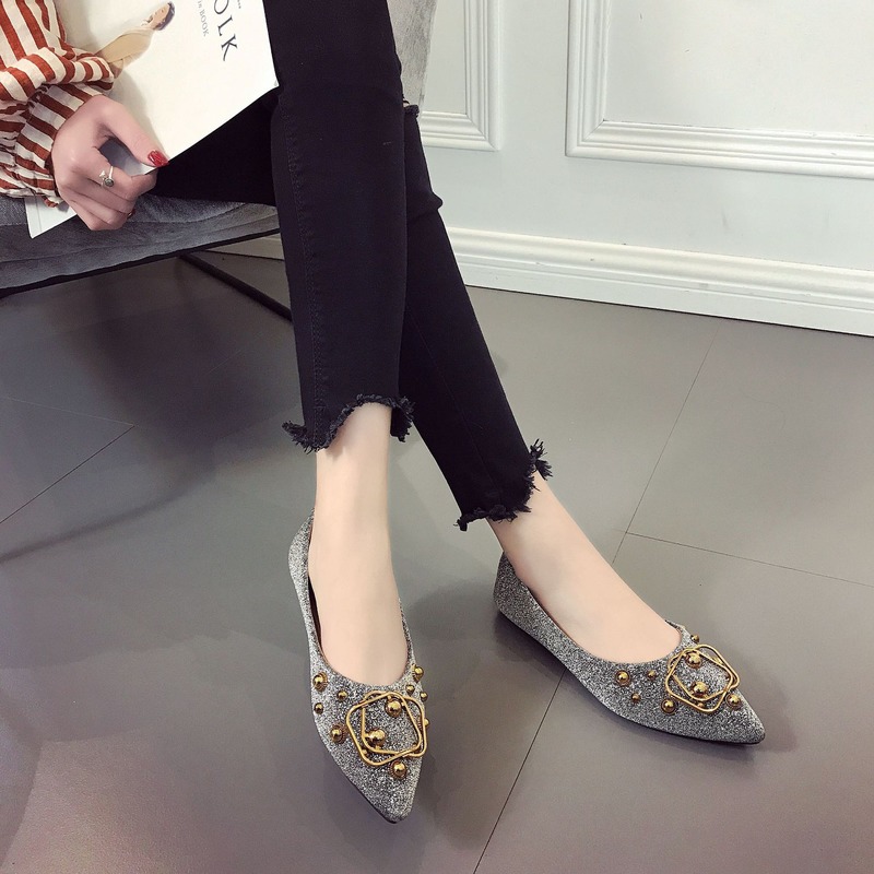 Giày Búp Bê Đế Bằng Đính Kim Sa Thời Trang Hàn Quốc Cho Nữ