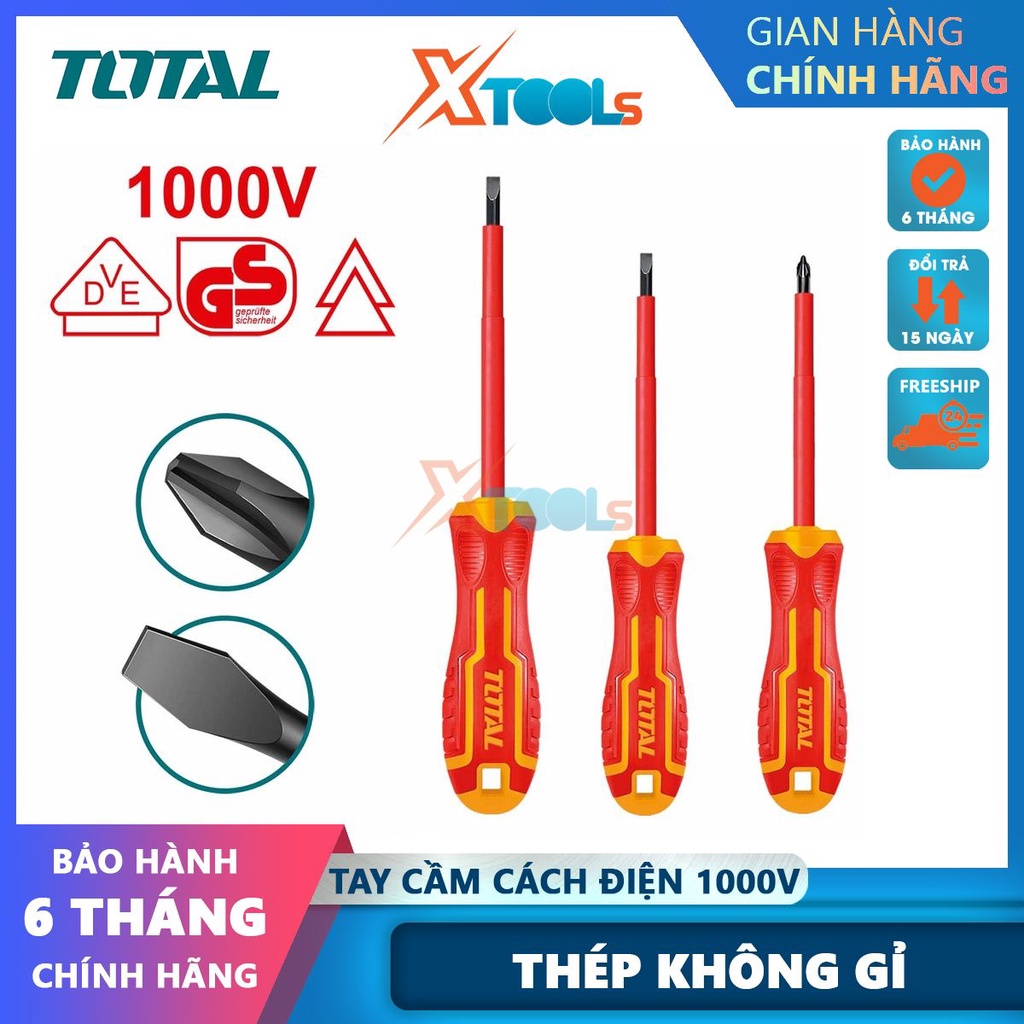 Bộ 3 tua vít cách điện TOTAL THTIS036, gồm SL4.0×100, SL5,5×125, PH2×100, tay cầm thiết kế mới -CHÍNH HÃNG-XTOOLS