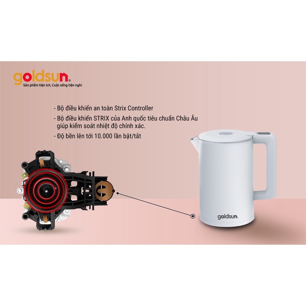 Ấm đun nước siêu tốc thông minh - Bình đun siêu tốc inox 3 lớp điều chỉnh nhiệt độ 1.7L Goldsun GKT2642