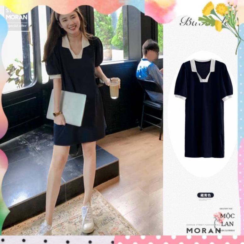 Váy MORAN cổ bẻ POLO phối màu cổ trắng tay phồng dáng A-line style công sở năng động Hàn Quốc .