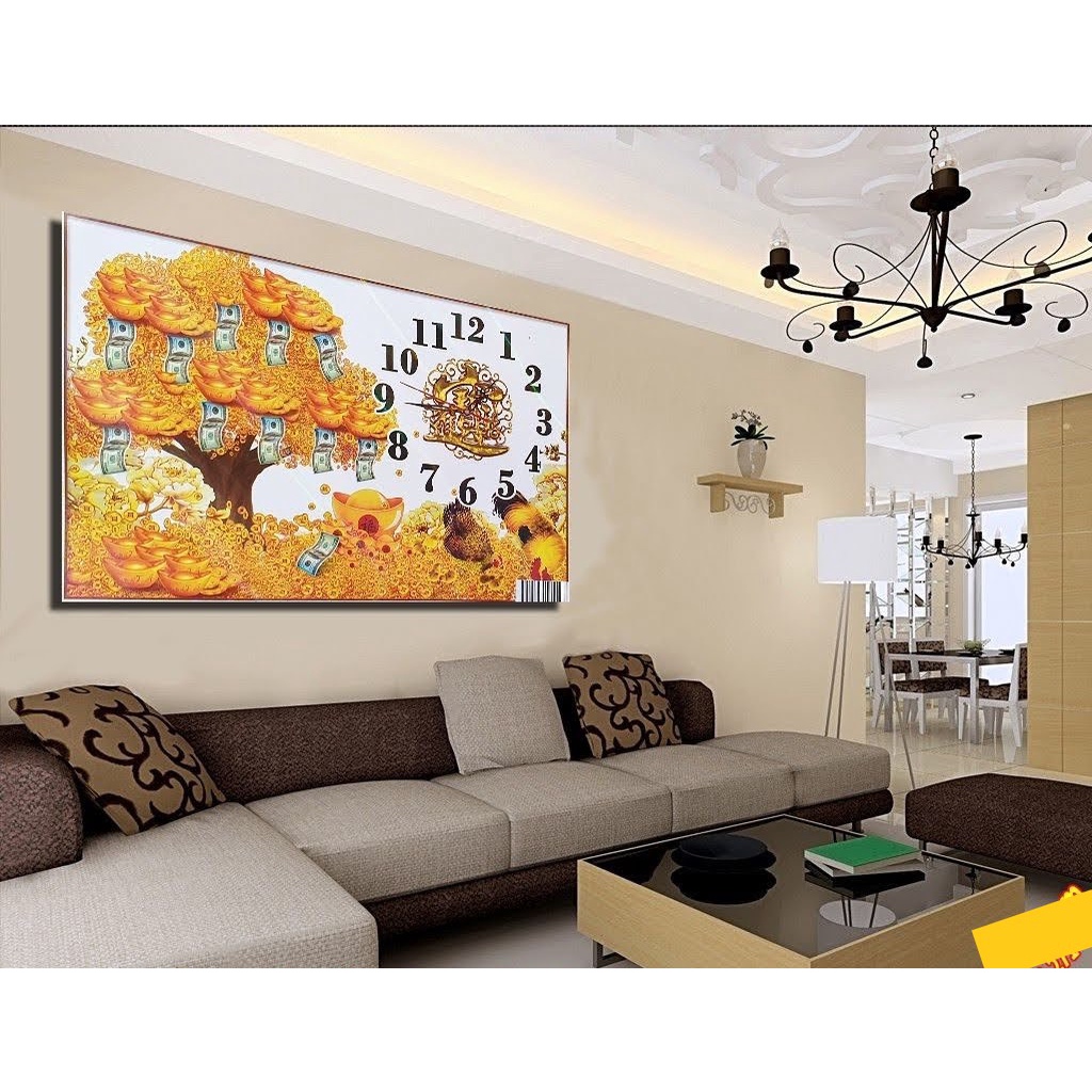 Tranh thêu kín  đồng hồ cây tiền tài lộc E49-70x50cm