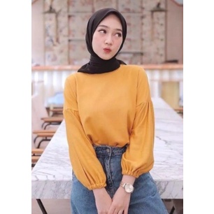Cửa hàng Thời Trang. Áo Blouse JUMBO GISELLE Cơ Bản - Áo Thun Tay Dài Màu Hồng Đào Vàng Quân Đội Màu Trắng Mù Tạt Tro BENHUR TOSCA COKSU Xanh Lam Đen Cho Nữ