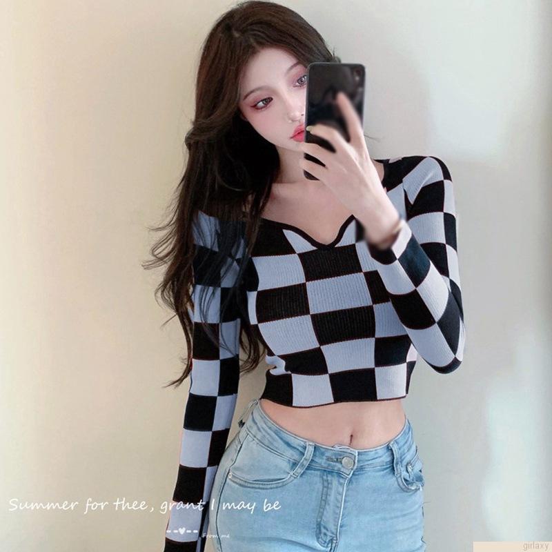 Áo thun lửng tay dài họa tiết caro thời trang quyến rũ cho nữ