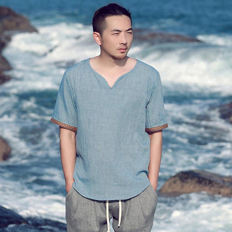 Áo Thun Tay Ngắn Vải Lanh Cotton Siêu Mỏng Dáng Rộng Cài Nút Kiểu Trung Hoa Retro