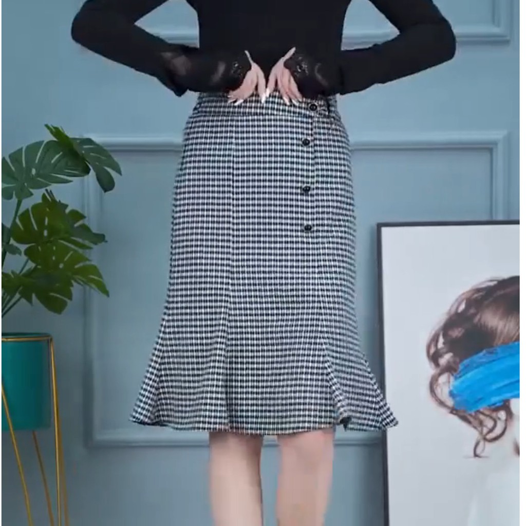 Chân Váy Dài, Váy Nữ Caro Đen Vintage Vải Mango Siêu Đẹp, Min clothing