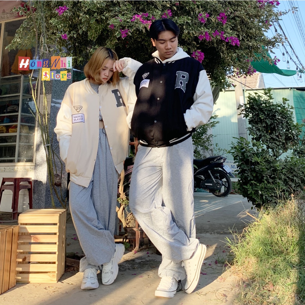 Áo Khoác Bomber Thêu Chữ R Chất Kaki Nhung Cao Cấp Ulzzang Unisex Dáng Rộng Nam Nữ