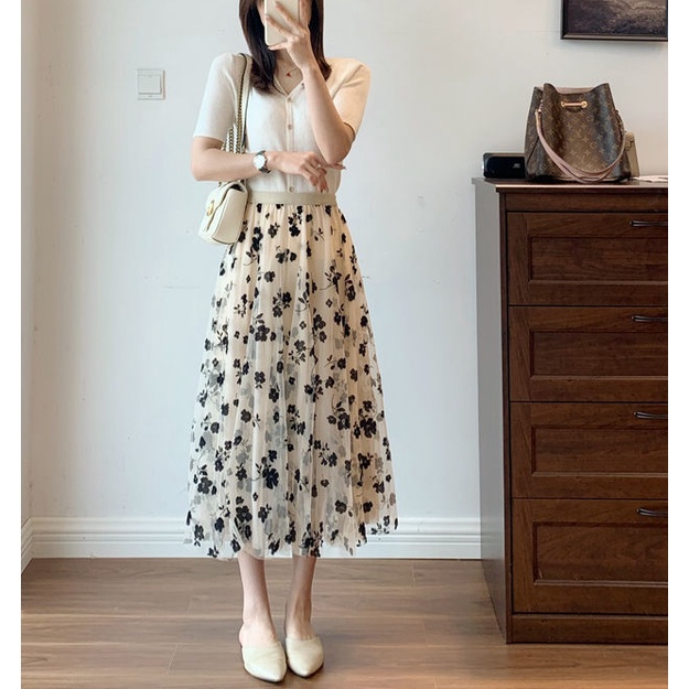 Chân Váy Xòe Lưng Cao Họa Tiết Hoa Thời Trang Cho Nữ