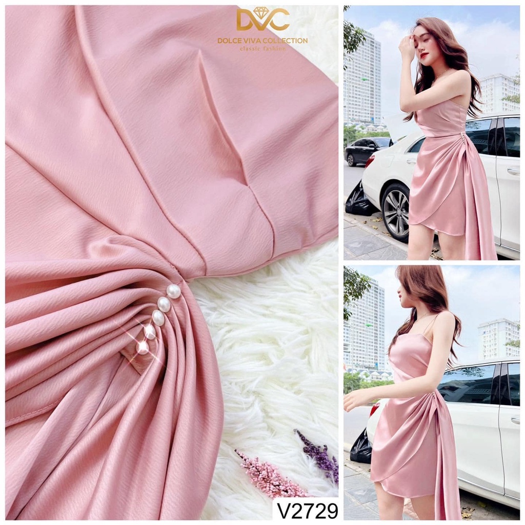 VÁY LỤA 2 DÂY ĐÍNH NGỌC RỦ BÈO EO DVC V2729 (ảnh thật shop chụp )