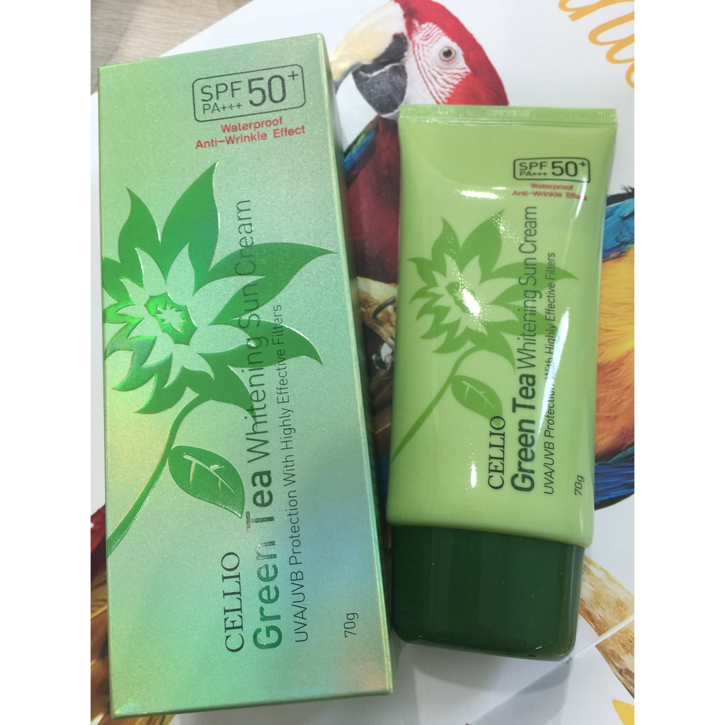 KEM CHỐNG NẮNG TRÀ XANH CELLIO GREEN TEA WHITENING SUN CREAM SPF 50+ PA+++ WATERPROOF ANTI-WRINKLE EFFECT 70G