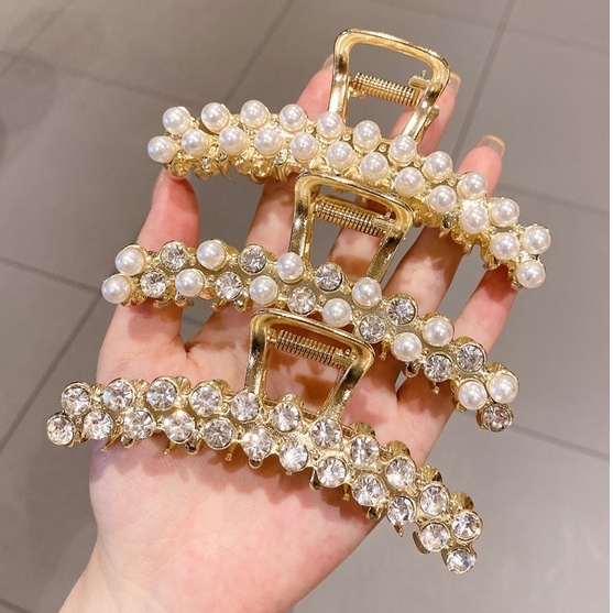 Kẹp Tóc Kim Loại Đính Đá Ngọc Trai Nhân Tạo Phong Cách Thời Trang Hàn Quốc