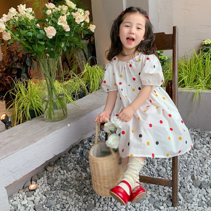 Đầm Công Chúa Tay Phồng Cổ Tròn Họa Tiết Chấm Bi Nhiều Màu Xinh Xắn Cho Bé Gái