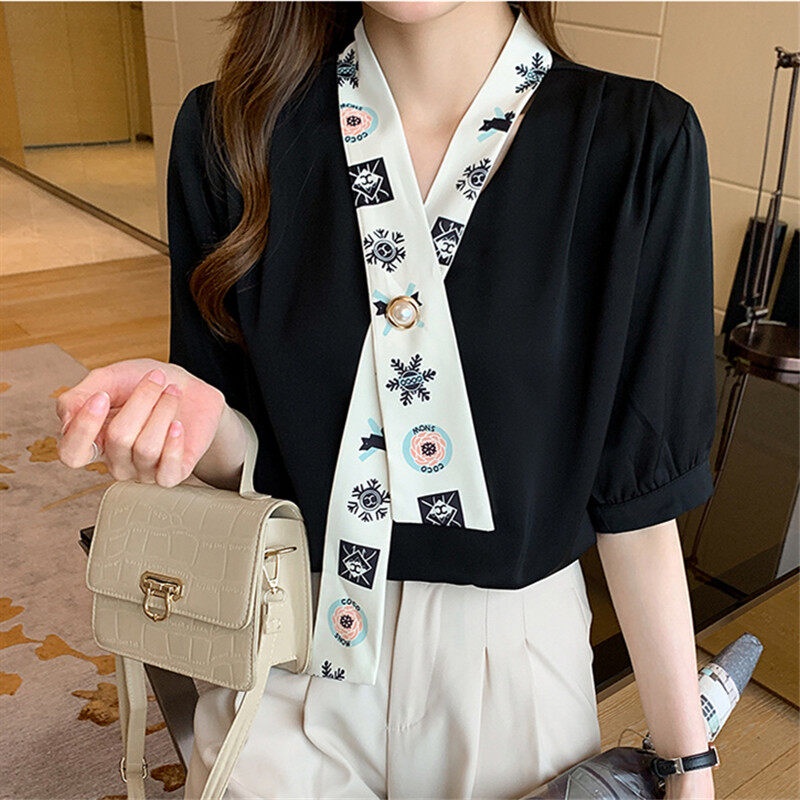 Áo Chiffon Tay Ngắn Cổ Chữ V Màu Đen Thời Trang Hàn Quốc Cho Nữ