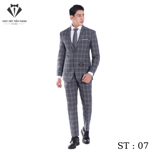 Bộ vest nam kẻ caro ghi cao cấp vest việt tiến thành