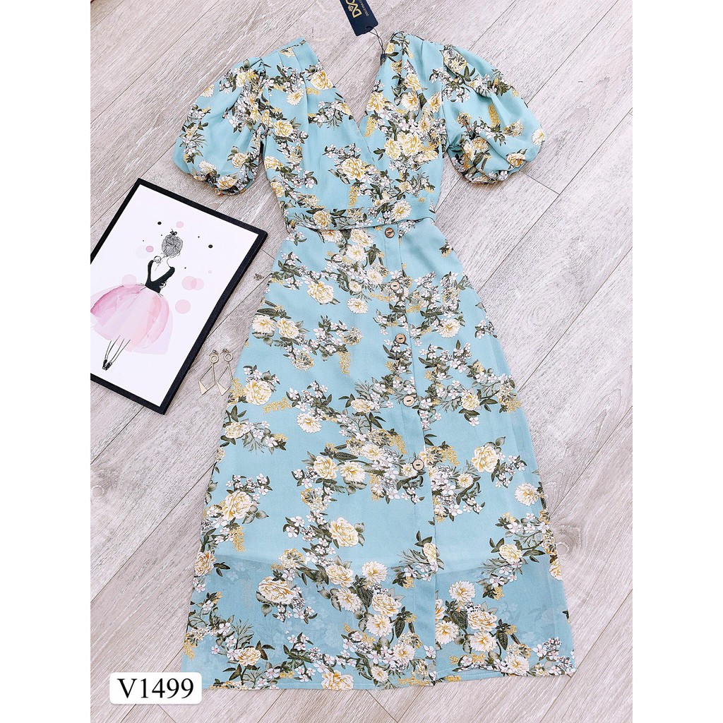 Váy hoa xanh cổ V1499 - ĐẸP SHOP DVC ( Ảnh mẫu và ảnh trải sàn do shop tự chụp )