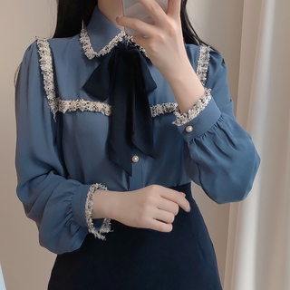 Áo sơ mi ngọt ngào ren nơ ren áo sơ mi dài tay mùa thu top nữ