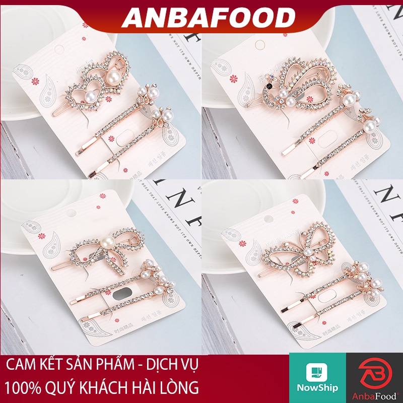 (Set 3 chiếc) Bộ Kẹp Tóc Hàn Quốc với Nơ Kim Cương và Kẹp Tóc ngọc trai đính đá cho bé gái - Phụ kiện trang sức