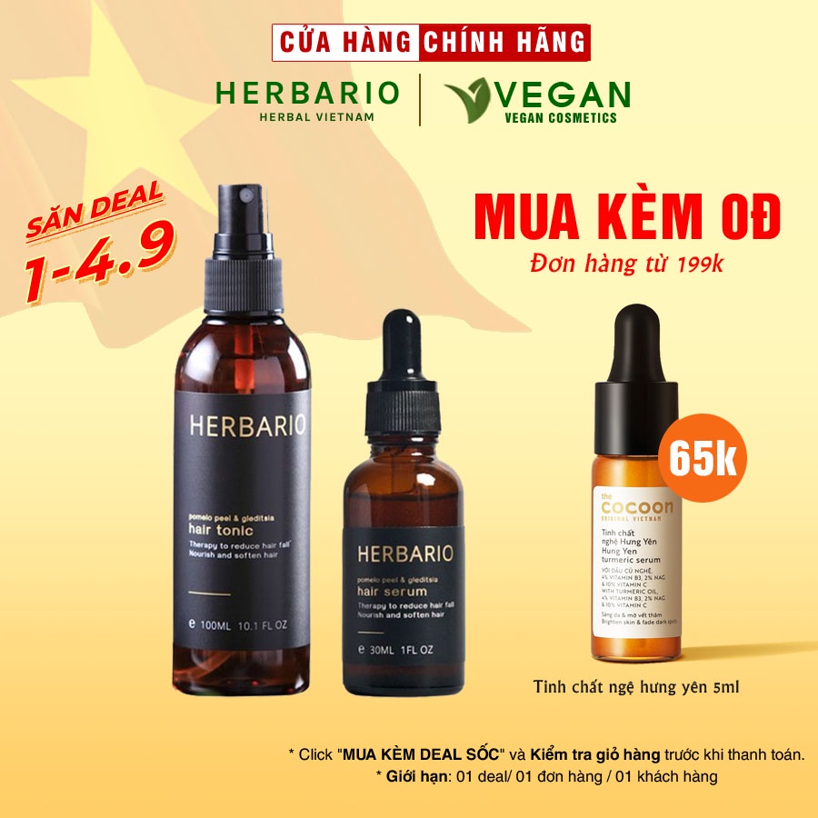 Combo nước xịt dưỡng tóc vỏ bưởi & Bồ kết herbario 100ml + Serum mọc tóc vỏ bưởi & Bồ kết herbario 30ml