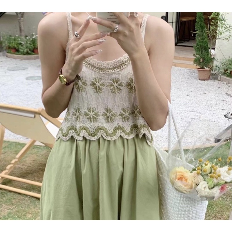 Áo Croptop 2 Dây Vải Thêu Hoa Mặc Khoác Ngoài, Đi Biển Siêu Xinh