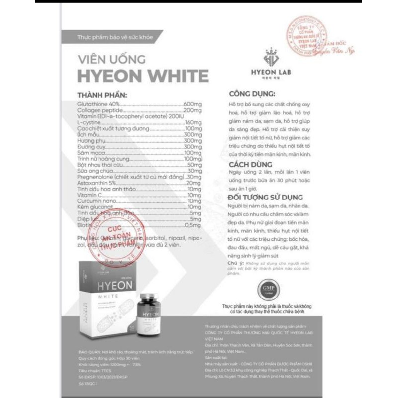 Viên uống trắng da Hyeon white - mờ nám - cân bằng nội tiết tố