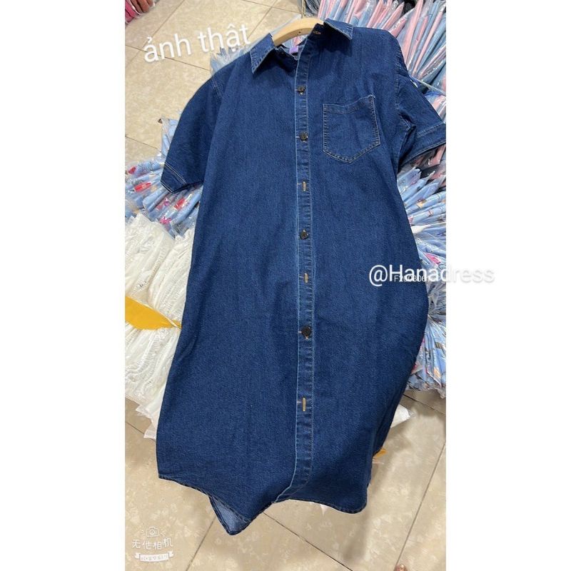 Váy sơ mi bò kaki jeans dáng dài qua gối retro, váy sơ mi suông dáng rộng siêu phẩm deal1k by hanadress