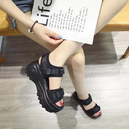 Sandal Đế Cao Quai Ngang Khuy Bấm Dây Phối Nhiều Màu (hết trắng)