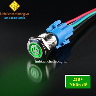 Nút nhấn đề 16mm hợp kim chống nước có đèn 220V (màu xanh lá) kèm đế cắm