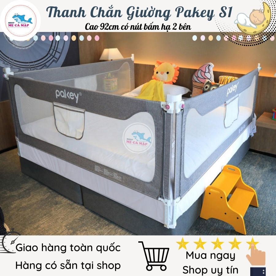 Thanh chắn giường Pakey S1 NEW 2022, KHUNG SIÊU DÀY nâng hạ 1 bên cao cấp màu ghi (1 thanh chắn 1 mặt)