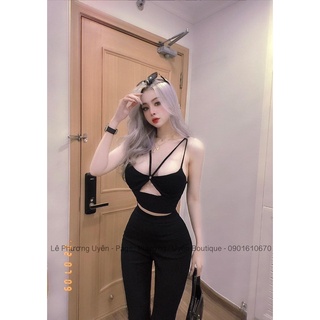 Sét áo 2 dây phối khoen sexy quần ống loe màu đen m026