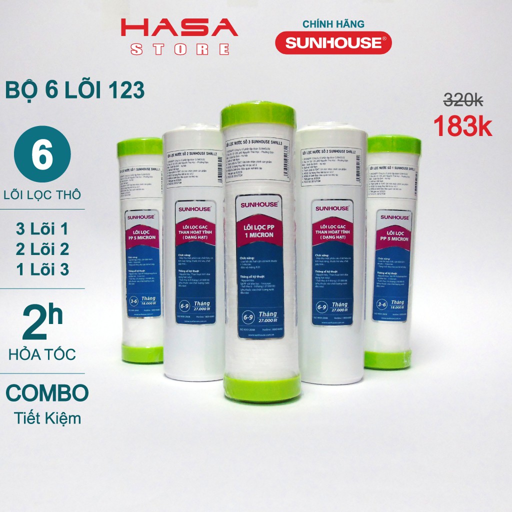 [CHÍNH HÃNG] Combo 6 Lõi Lọc Nước 123 SUNHOUSE Cho Máy Lọc Nước RO