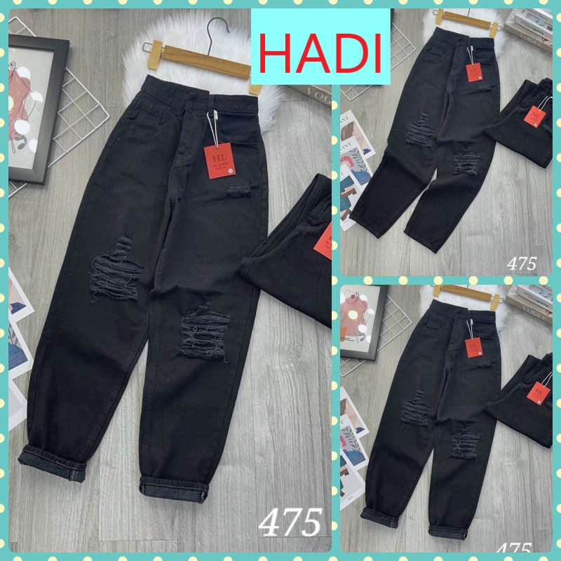 QUẦN BAGGY JEANS NỮ LƯNG CAO RÁCH 2 MẢNG VUÔNG TO LỆCH GỐI MÀU ĐEN CAO CẤP HADI PHÁ CÁCH MỌI PHONG THÁI THỜI TRANG