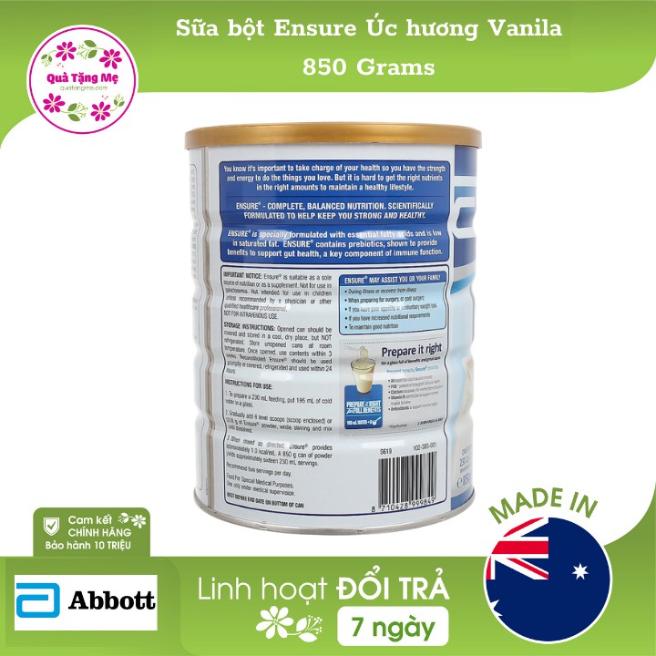 Sữa bột Ensure Úc hương Vanila 850 Grams
